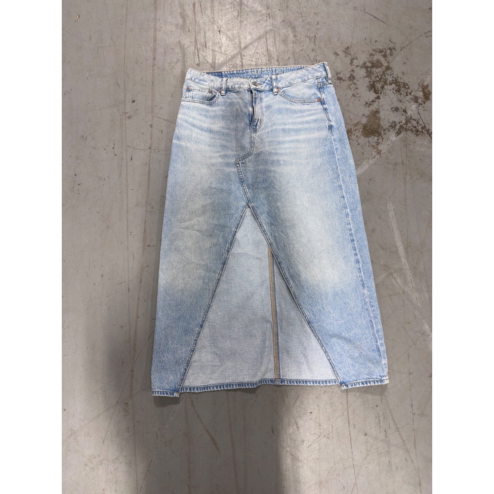 American Eagle Low Rise Maxi Denim Skirt Light Wash Size 8 Front Slit Boho Long